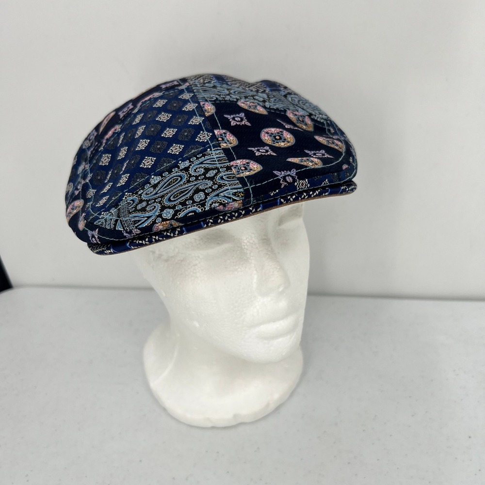 Robert Graham Mens Navy Blue Patchwork 100% Silk Flat Cap Ivy Driving Hat OSFA